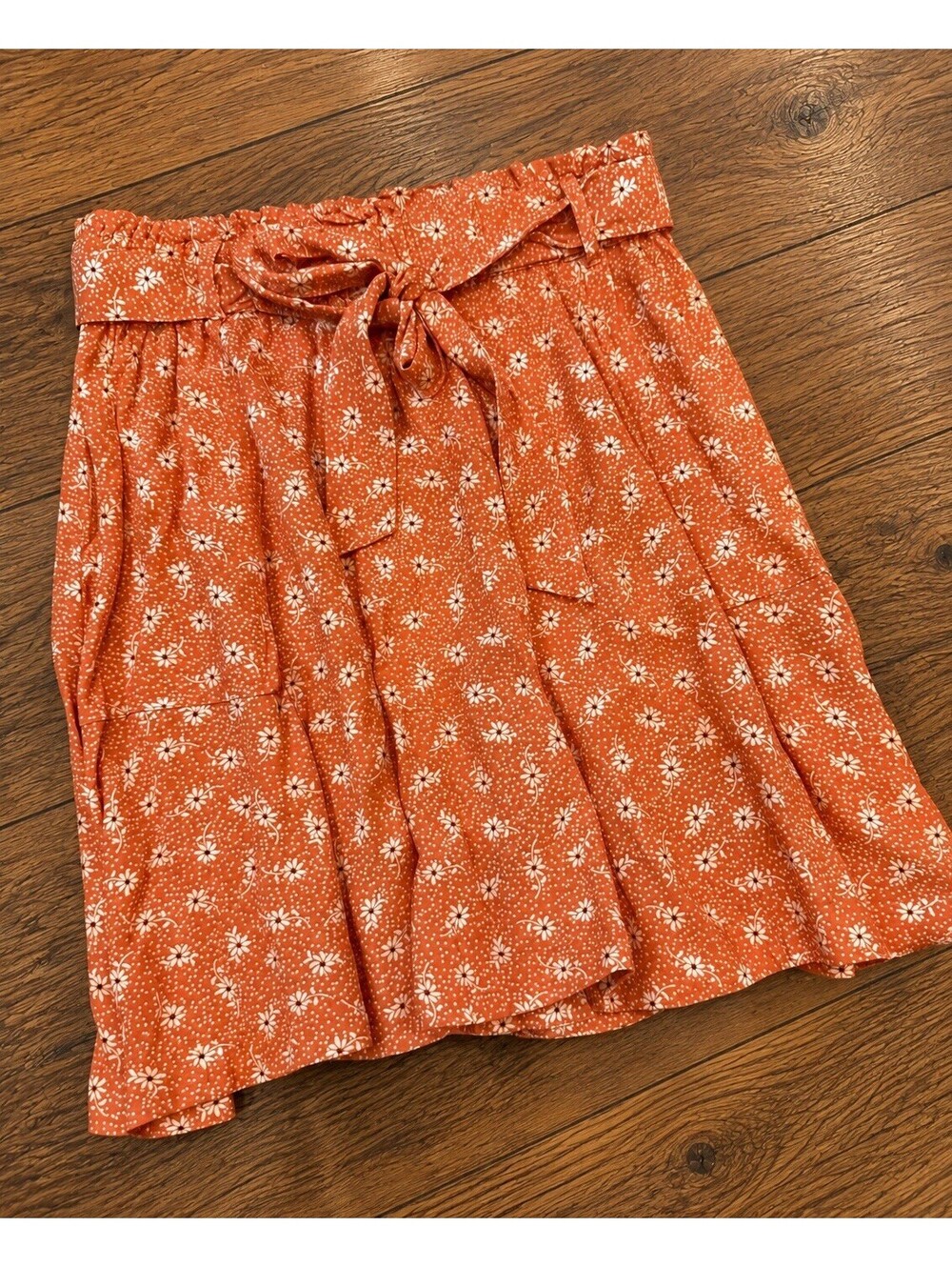 Women’s Orange/White Floral A-Line Short Skirt Pull On Elastic Tie Size Small